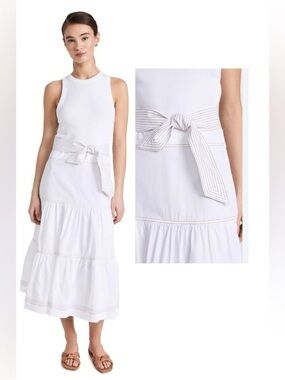 Veronica Beard Austyn Tiered White Midi Dress Tie Waist Size M